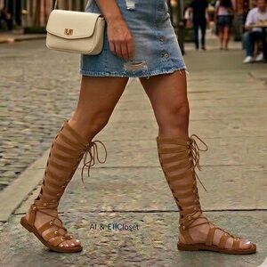 Free People Tall Gladiator Sandals Tan Suede Lace-Up Knee High Boho 7.5 NWT